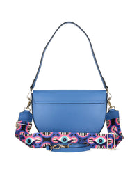 Задна част на спортно-елегантна чанта EGO в синьо с минималистичен дизайн и цветна текстилна презрамка
