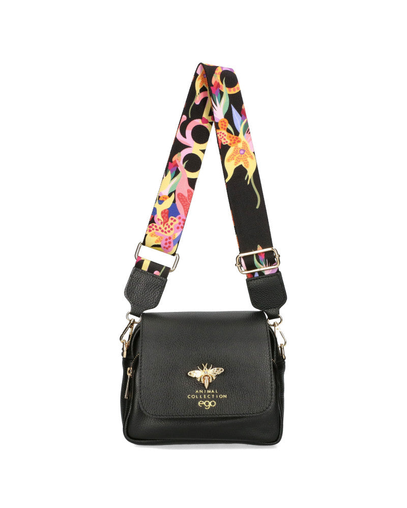 Кафява дамска чанта EGO INSECTA тип crossbody с цветна текстилна презрамка и златист обков.